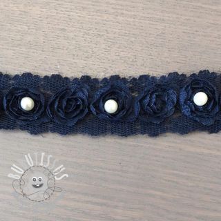 Ruban dentelle roses et perles navy