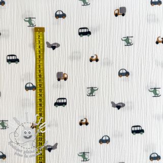 Tissu double gaze/mousseline Vehicles white digital print ORGANIC