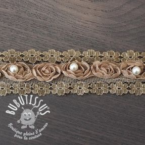 Ruban dentelle roses et perles beige