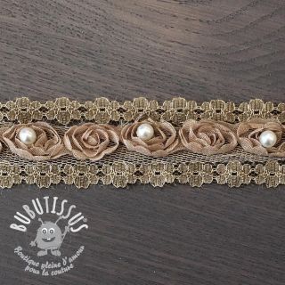 Ruban dentelle roses et perles beige