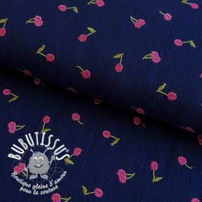 Tissu double gaze/mousseline EMBROIDERY Cherries navy