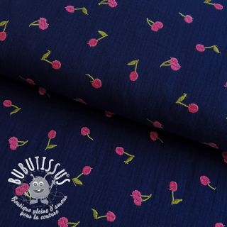 Tissu double gaze/mousseline EMBROIDERY Cherries navy