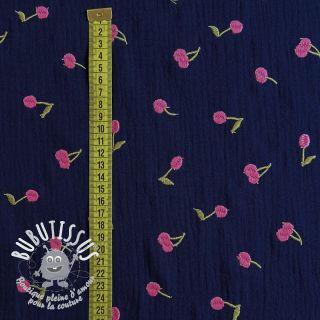 Tissu double gaze/mousseline EMBROIDERY Cherries navy