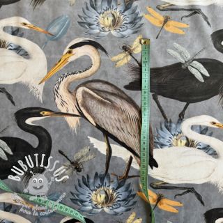 Tissu déco VELVET Heron bird steel grey