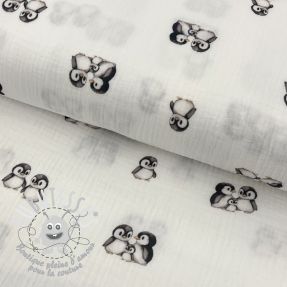 Tissu double gaze/mousseline Penguin white digital print ORGANIC