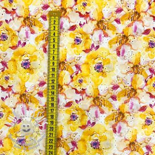 Tissu coton EMBROIDERY Peony roses yellow digital print